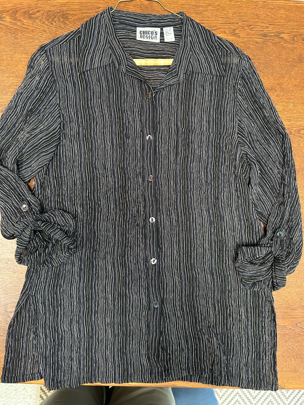 Women’s Chico Sz 1 Black Striped Button-Up Shirt, rollup long sleeve, with tab.